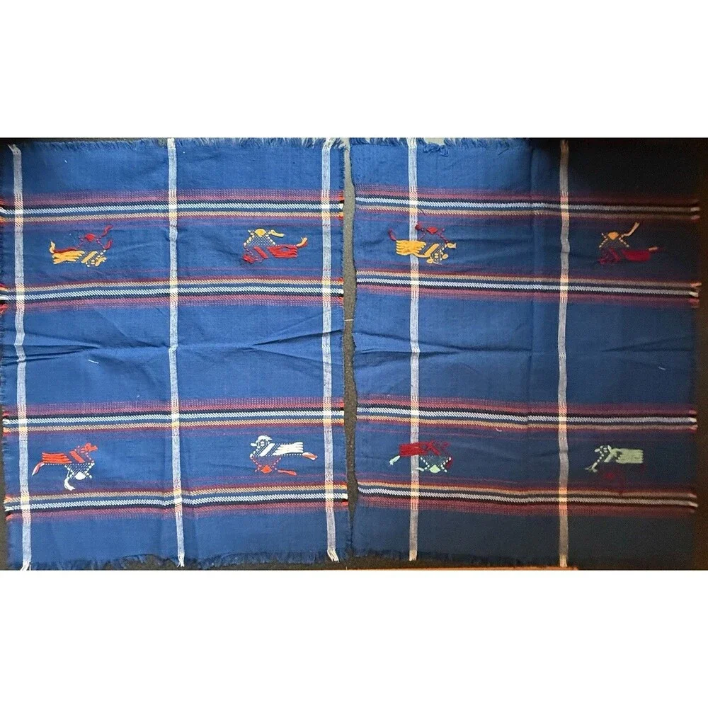 VTG 1970's Guatemalan Woven Set Of 2 Placemats 4 Napkins Embroidered Birds blue